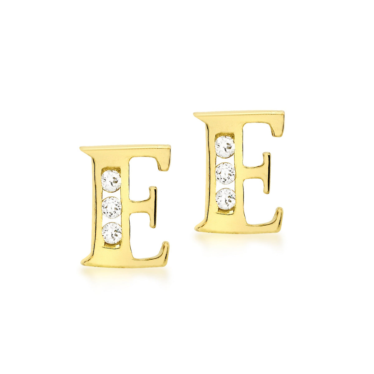 9ct Yellow Gold Cubic Zirconia CZ Serif Initial E Stud Earrings