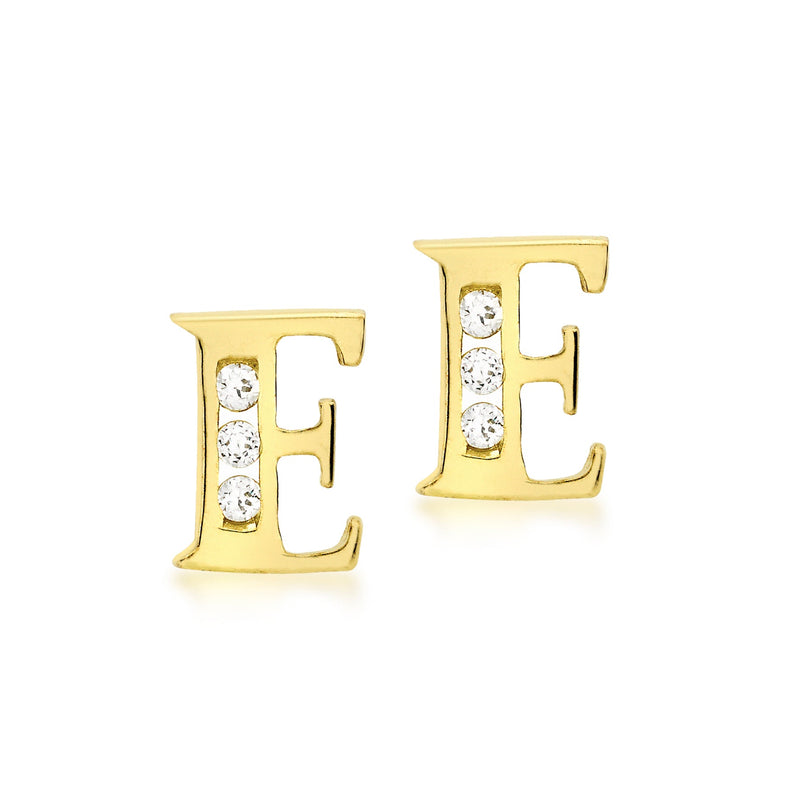 9ct Yellow Gold Cubic Zirconia CZ Serif Initial E Stud Earrings
