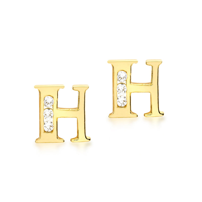 9ct Yellow Gold Cubic Zirconia CZ Serif Initial H Stud Earrings