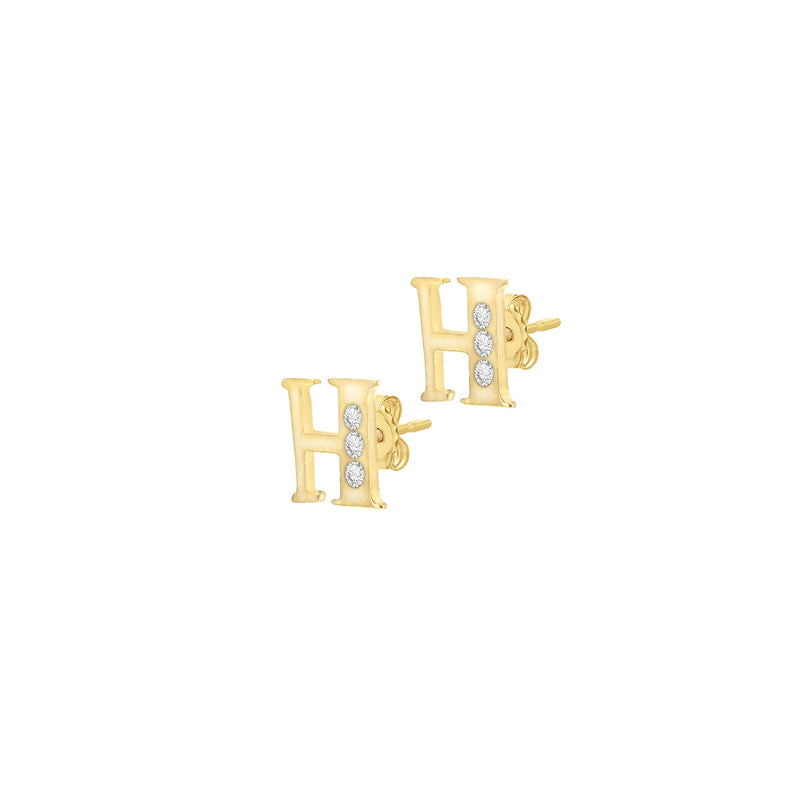 9ct Yellow Gold Cubic Zirconia CZ Serif Initial H Stud Earrings — side