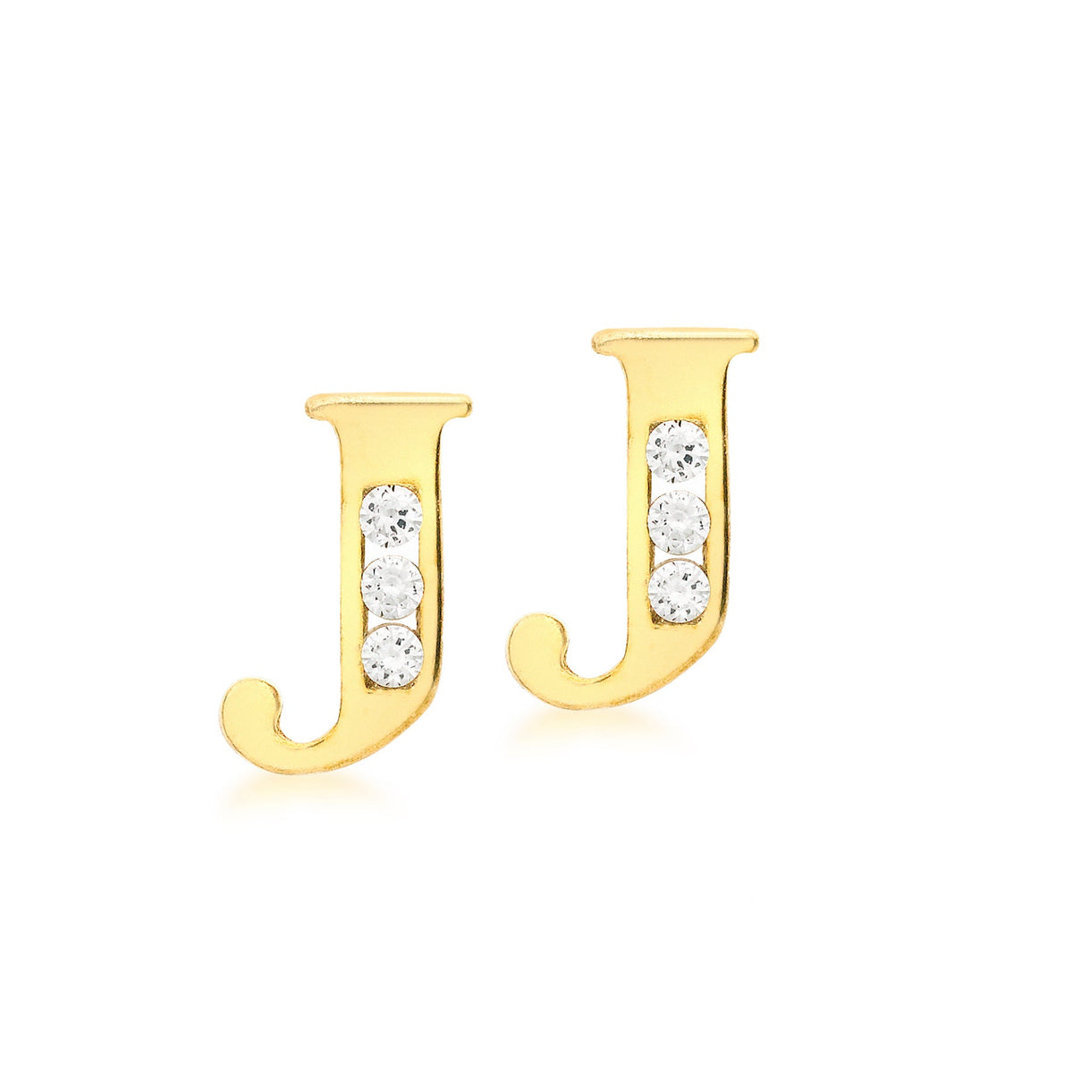 9ct Yellow Gold Cubic Zirconia CZ Serif Initial J Stud Earrings