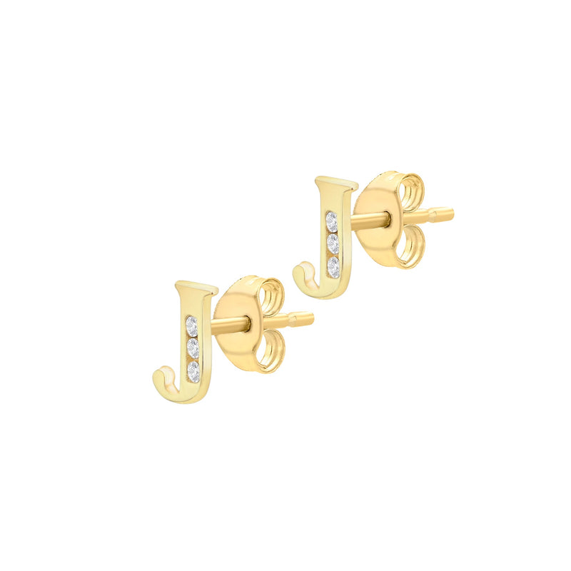 9ct Yellow Gold Cubic Zirconia CZ Serif Initial J Stud Earrings — side