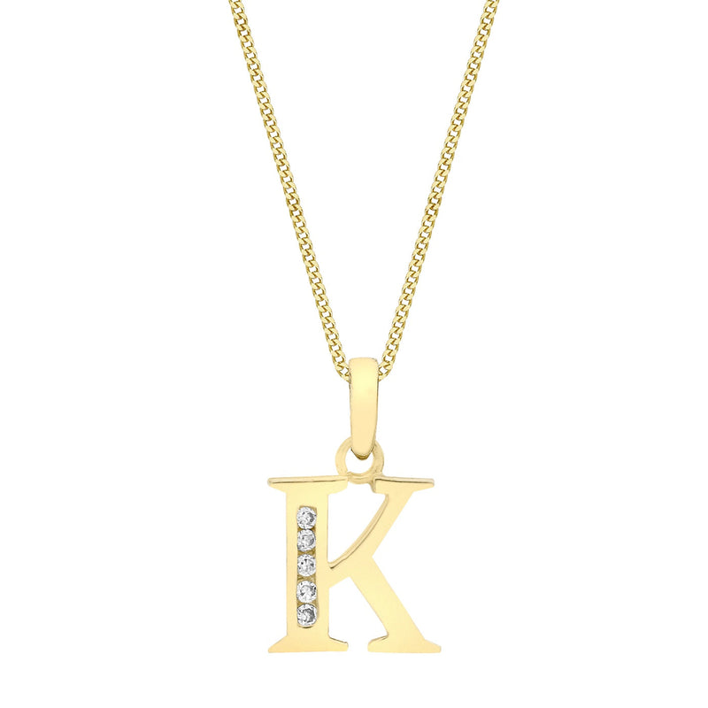 9ct Yellow Gold Cubic Zirconia CZ Serif Initial K Pendant