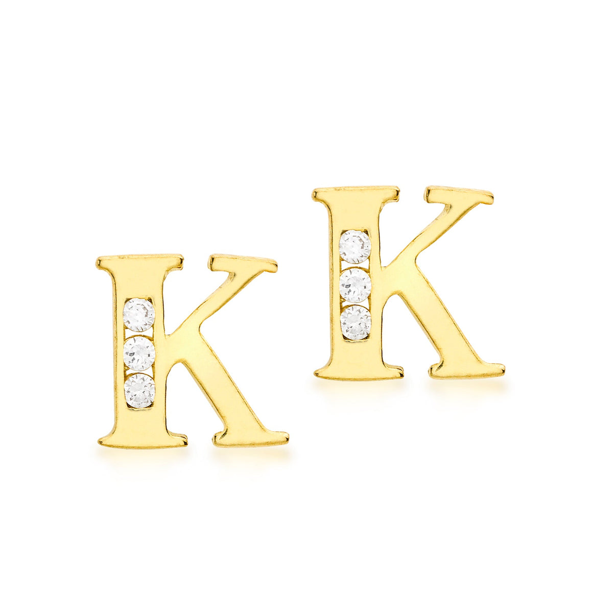 9ct Yellow Gold Cubic Zirconia CZ Serif Initial K Stud Earrings