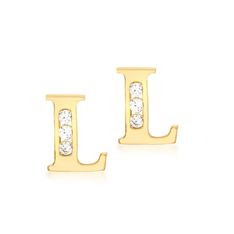 9ct Yellow Gold Cubic Zirconia CZ Serif Initial L Stud Earrings