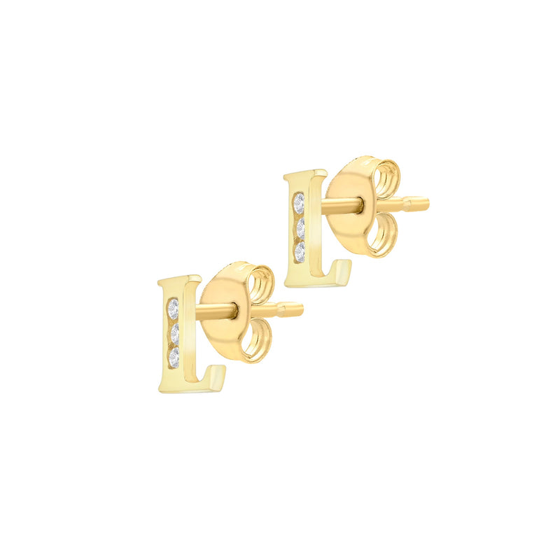 9ct Yellow Gold Cubic Zirconia CZ Serif Initial L Stud Earrings — side