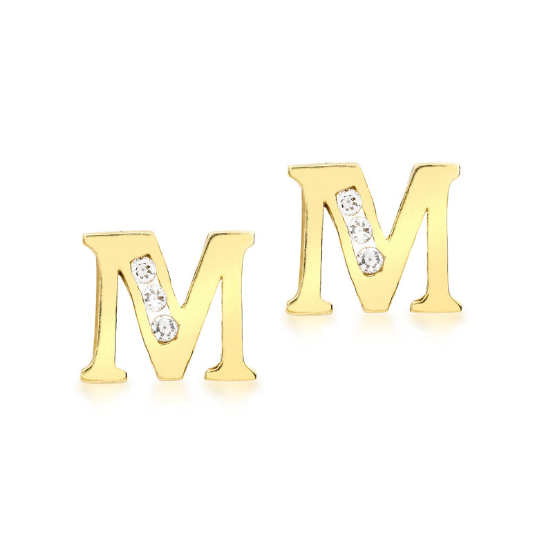 9ct Yellow Gold Cubic Zirconia CZ Serif Initial M Stud Earrings