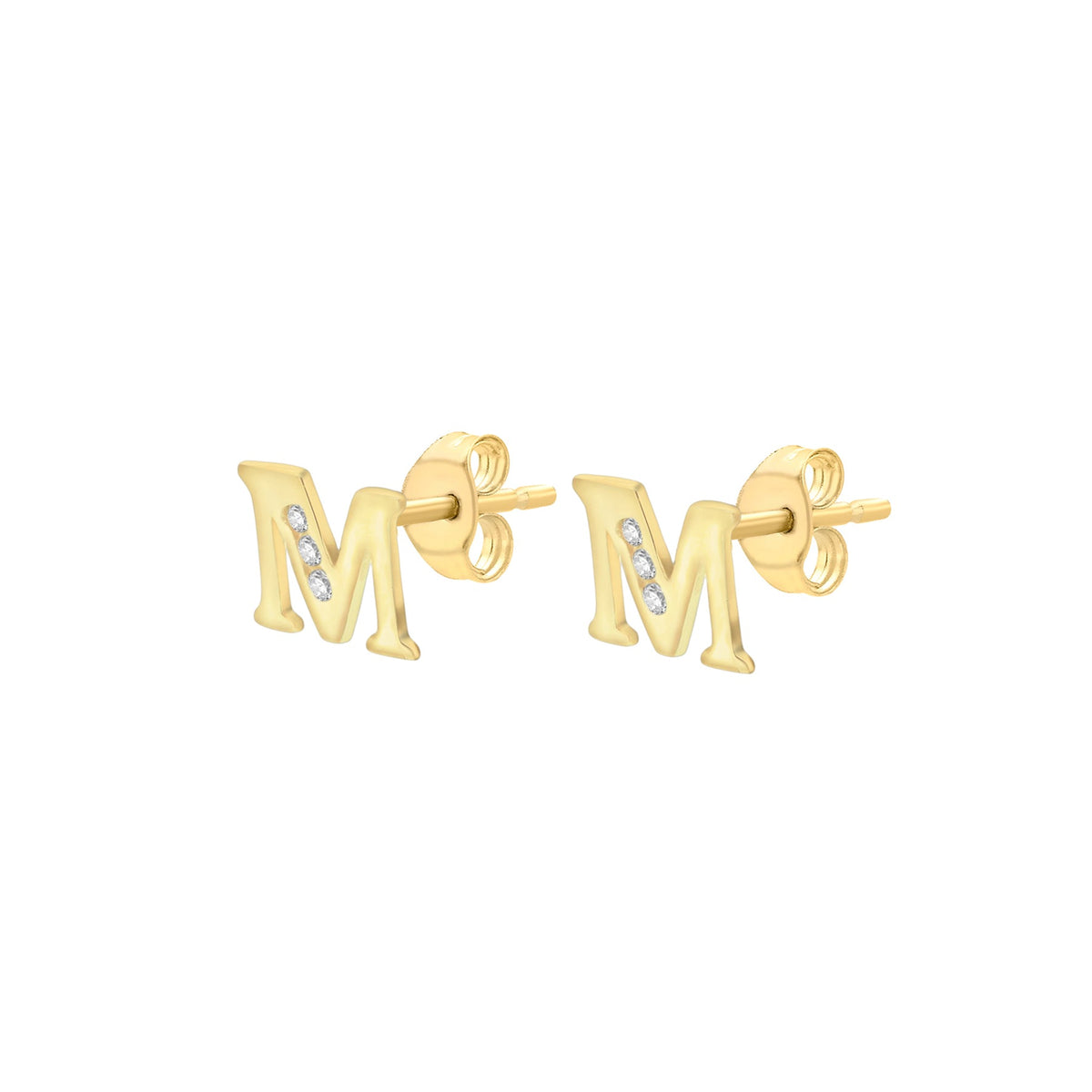 9ct Yellow Gold Cubic Zirconia CZ Serif Initial M Stud Earrings — side