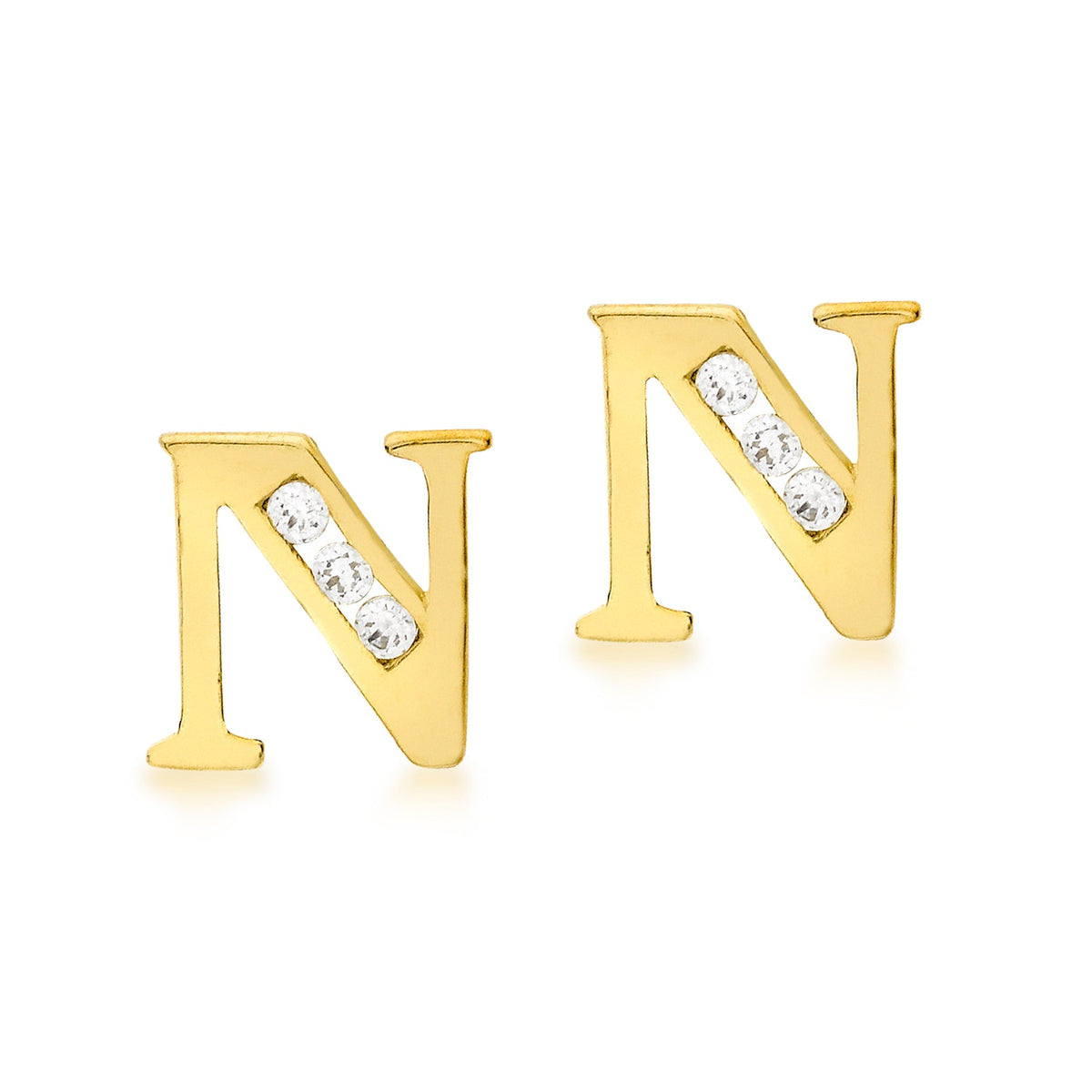 9ct Yellow Gold Cubic Zirconia CZ Serif Initial N Stud Earrings