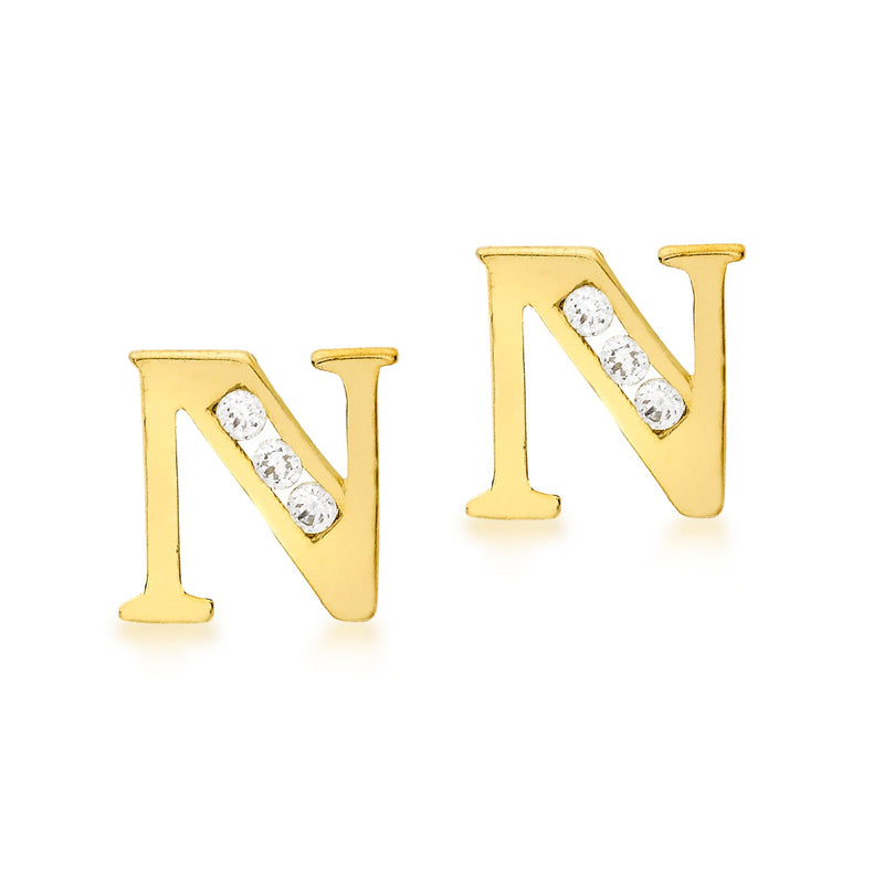 9ct Yellow Gold Cubic Zirconia CZ Serif Initial N Stud Earrings