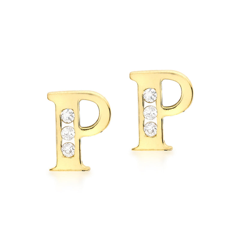 9ct Yellow Gold Cubic Zirconia CZ Serif Initial P Stud Earrings