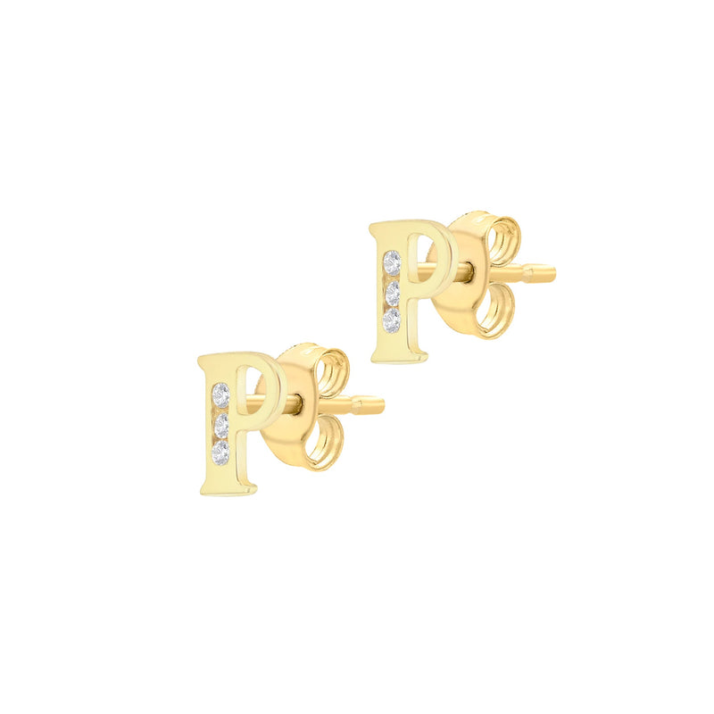 9ct Yellow Gold Cubic Zirconia CZ Serif Initial P Stud Earrings — side