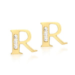 9ct Yellow Gold Cubic Zirconia CZ Serif Initial R Stud Earrings