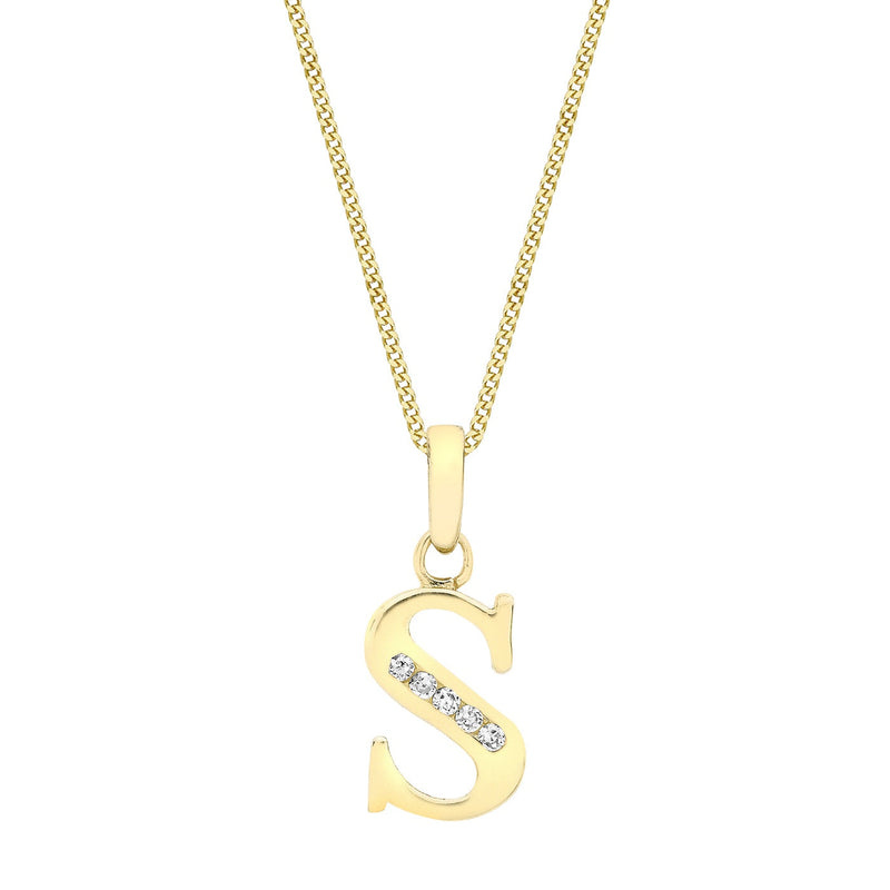 9ct Yellow Gold Cubic Zirconia CZ Serif Initial S Pendant