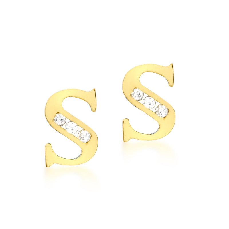 9ct Yellow Gold Cubic Zirconia CZ Serif Initial S Stud Earrings