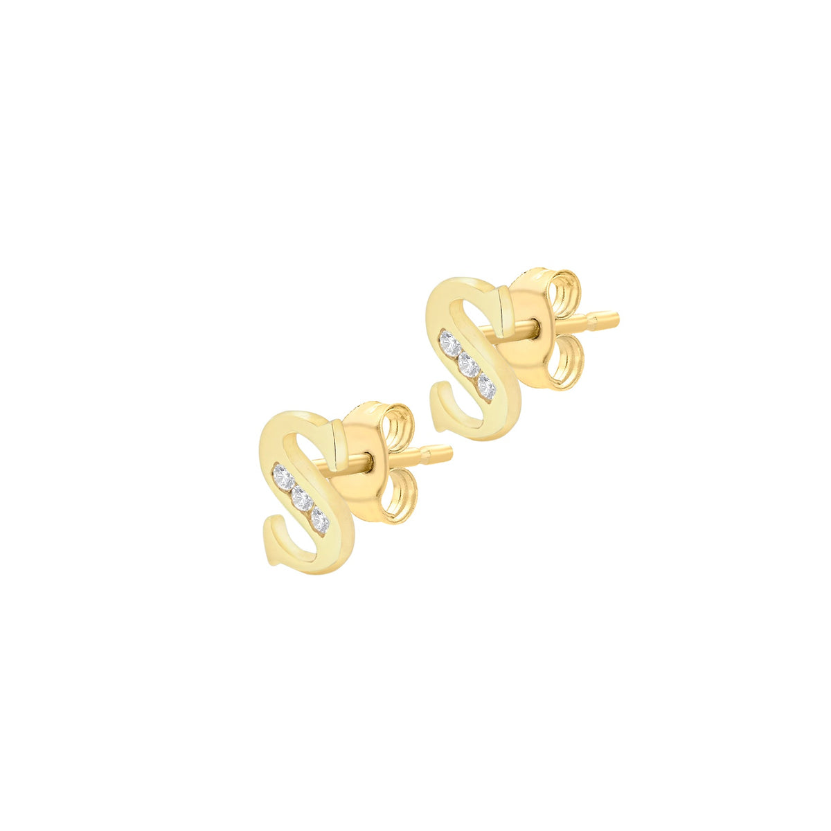 9ct Yellow Gold Cubic Zirconia CZ Serif Initial S Stud Earrings — side