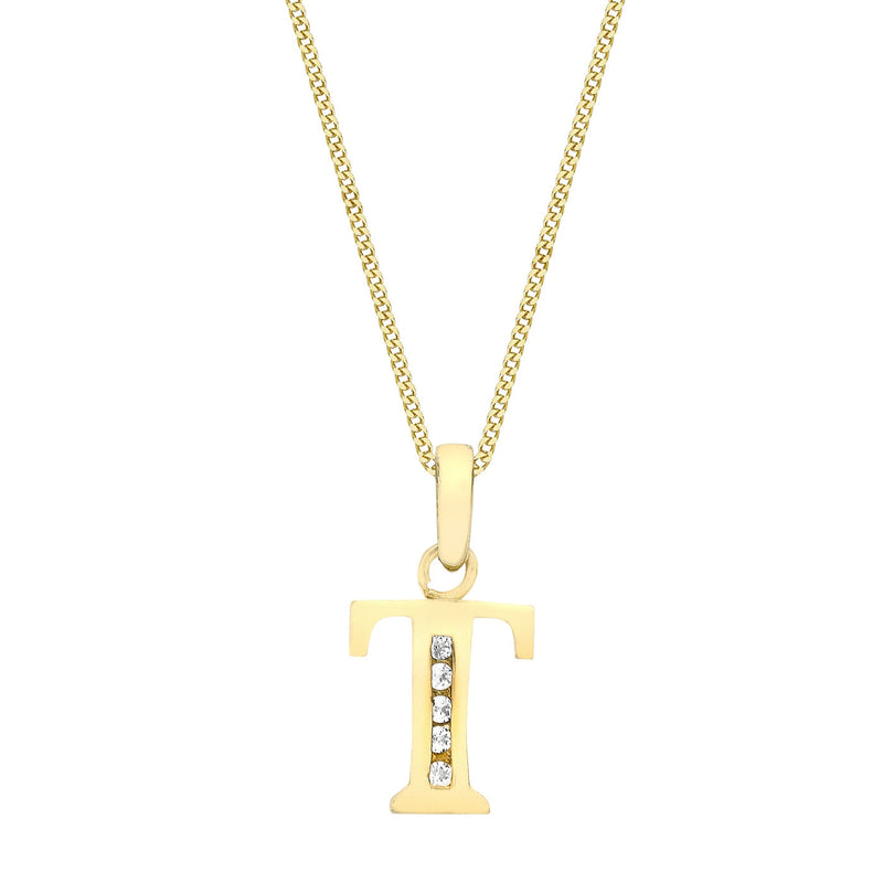 9ct Yellow Gold Cubic Zirconia CZ Serif Initial T Pendant