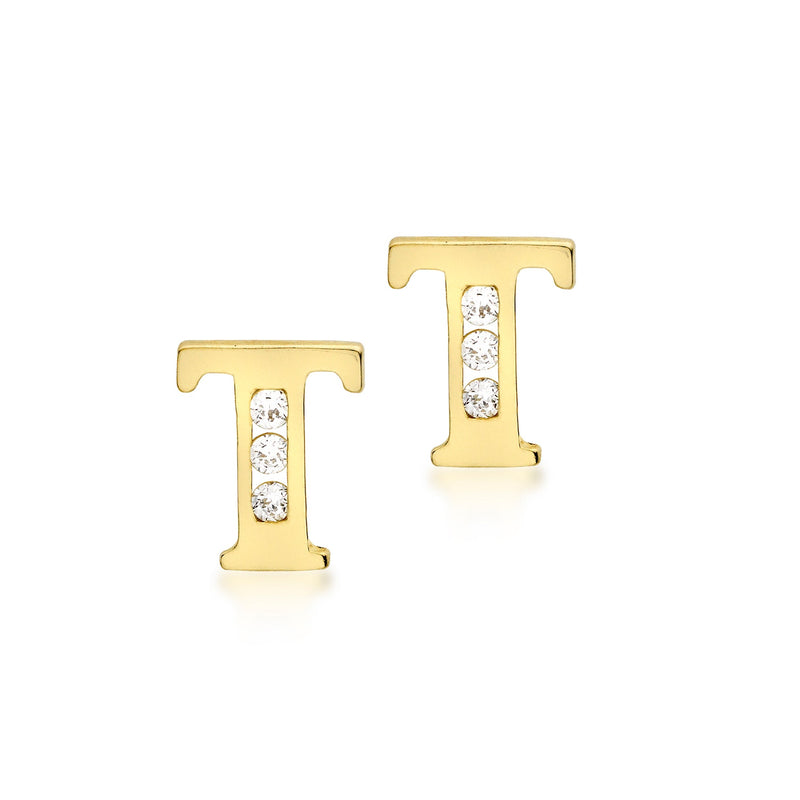 9ct Yellow Gold Cubic Zirconia CZ Serif Initial T Stud Earrings