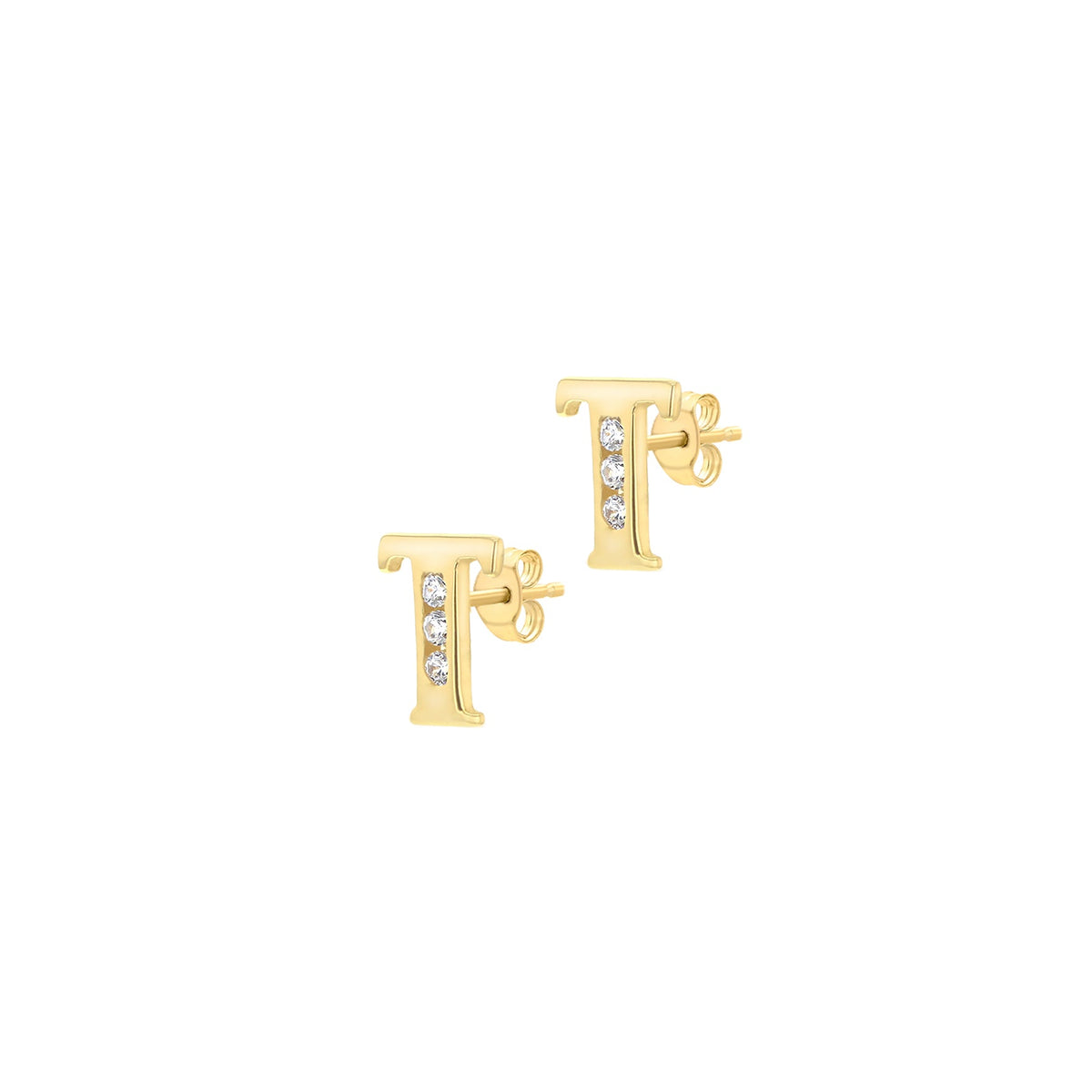 9ct Yellow Gold Cubic Zirconia CZ Serif Initial T Stud Earrings — side