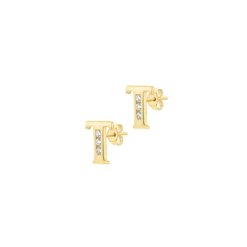 9ct Yellow Gold Cubic Zirconia CZ Serif Initial T Stud Earrings — side