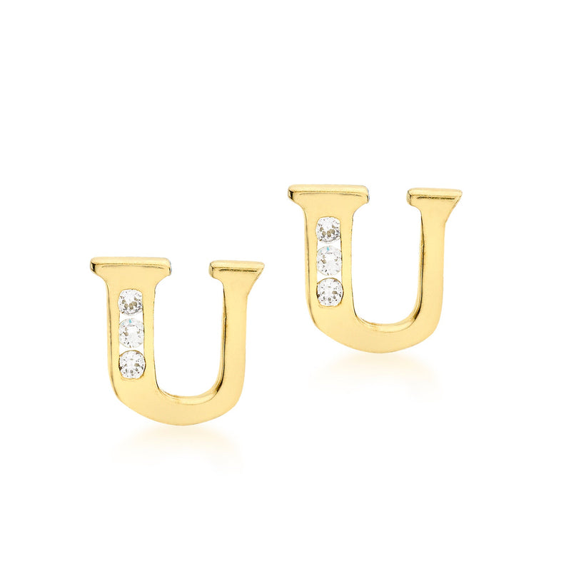 9ct Yellow Gold Cubic Zirconia CZ Serif Initial U Stud Earrings