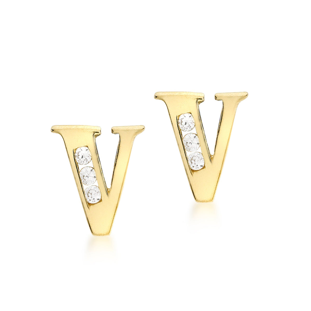 9ct Yellow Gold Cubic Zirconia CZ Serif Initial V Stud Earrings
