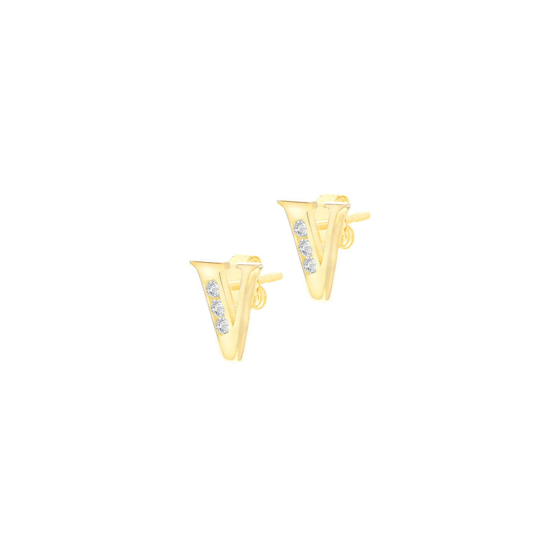 9ct Yellow Gold Cubic Zirconia CZ Serif Initial V Stud Earrings — side
