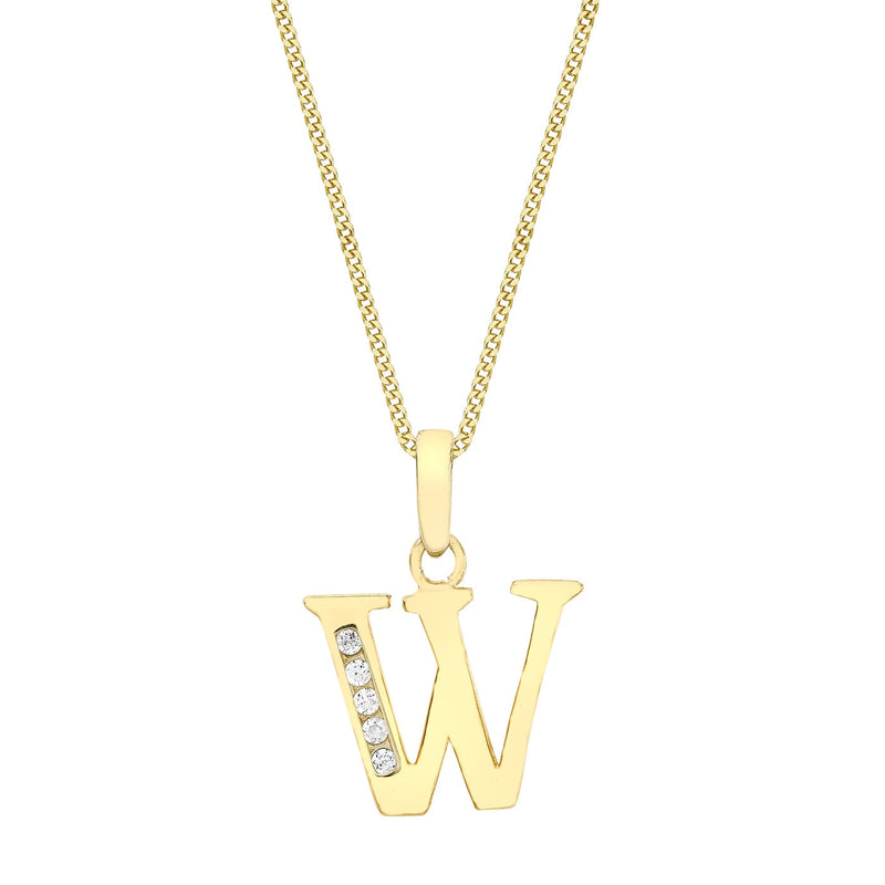 9ct Yellow Gold Cubic Zirconia CZ Serif Initial W Pendant