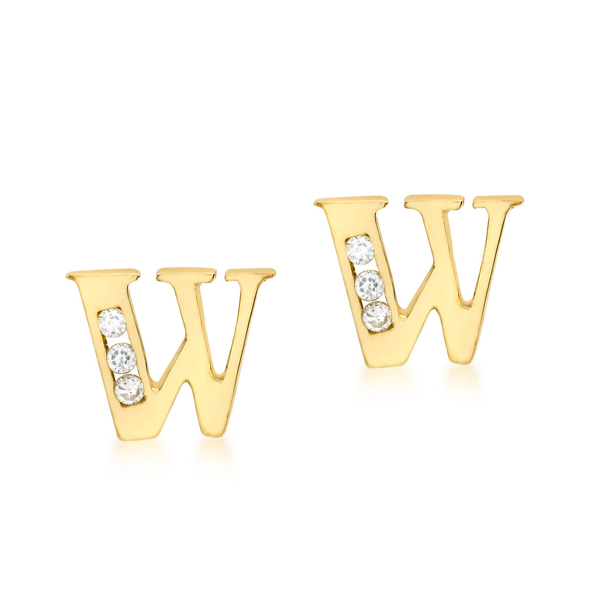 9ct Yellow Gold Cubic Zirconia CZ Serif Initial W Stud Earrings