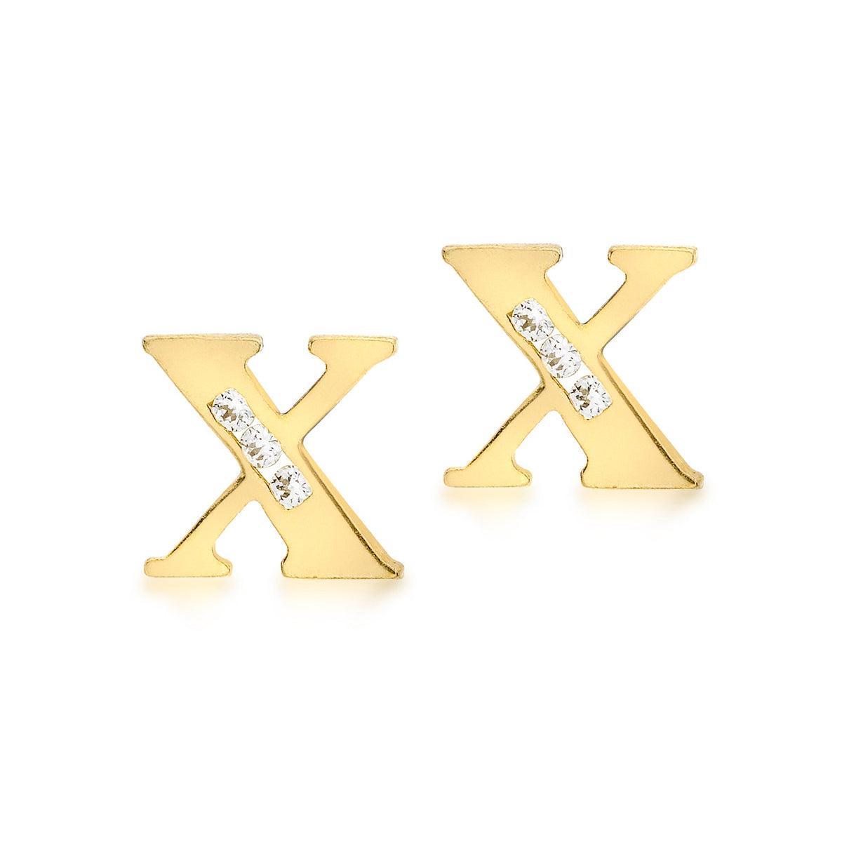 9ct Yellow Gold Cubic Zirconia CZ Serif Initial X Stud Earrings