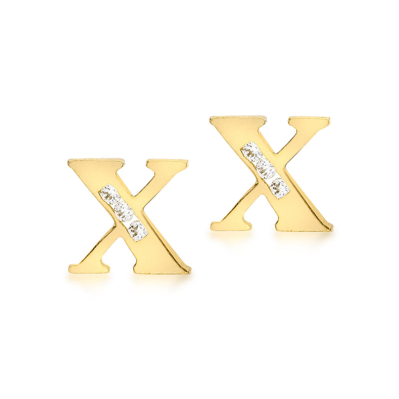 9ct Yellow Gold Cubic Zirconia CZ Serif Initial X Stud Earrings