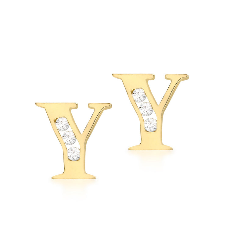 9ct Yellow Gold Cubic Zirconia CZ Serif Initial Y Stud Earrings