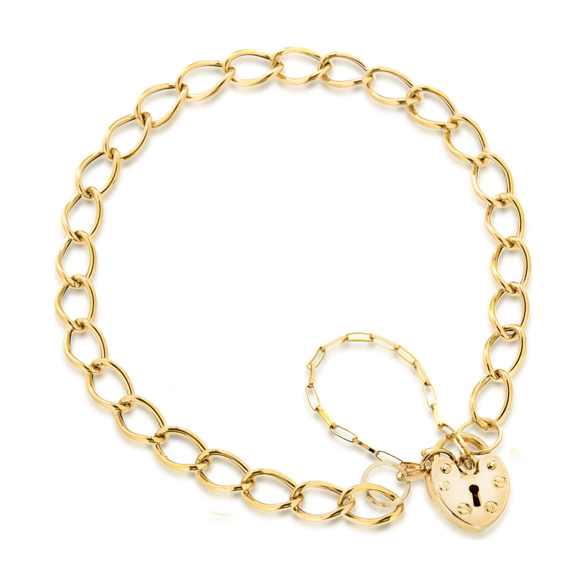 9ct Yellow Gold Curb Charm Bracelet with Heart Padlock
