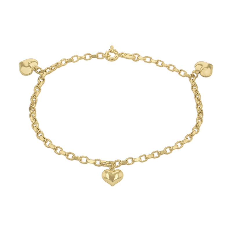 9ct Yellow Gold Diamond Cut Belcher Bracelet with Three Hearts