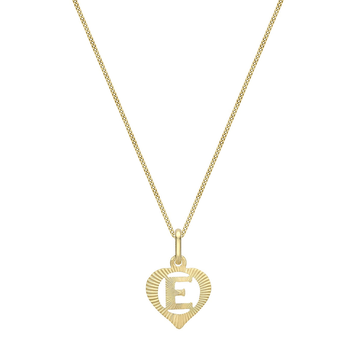 9ct Yellow Gold Diamond Cut Heart Initial E Pendant