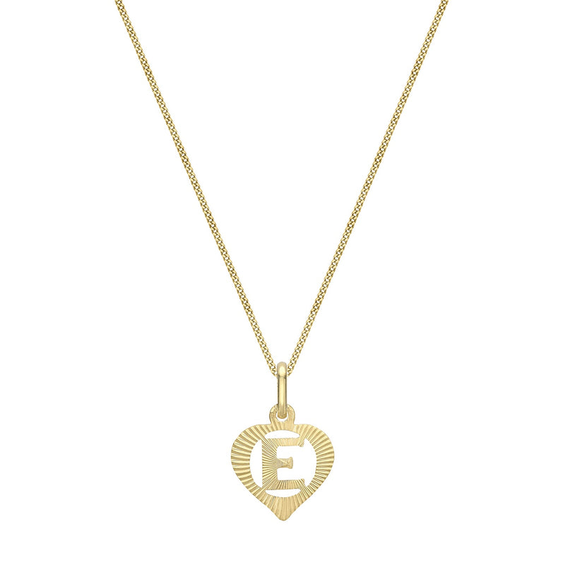 9ct Yellow Gold Diamond Cut Heart Initial E Pendant