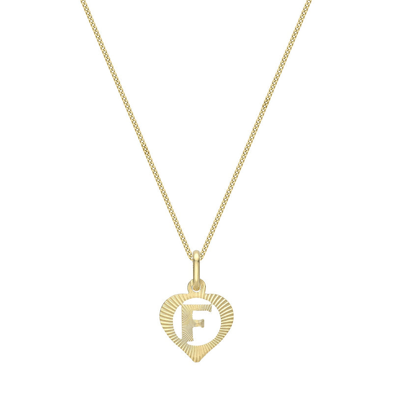 9ct Yellow Gold Diamond Cut Heart Initial F Pendant