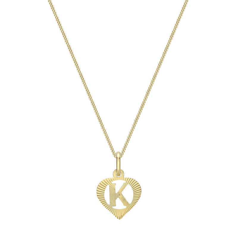 9ct Yellow Gold Diamond Cut Heart Initial K Pendant