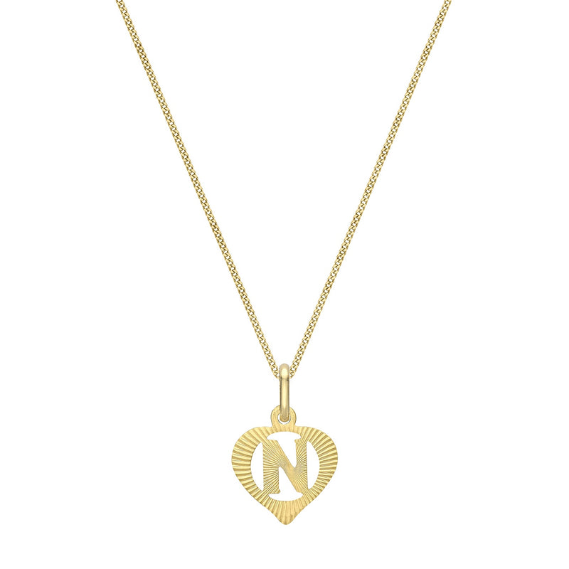 9ct Yellow Gold Diamond Cut Heart Initial N Pendant