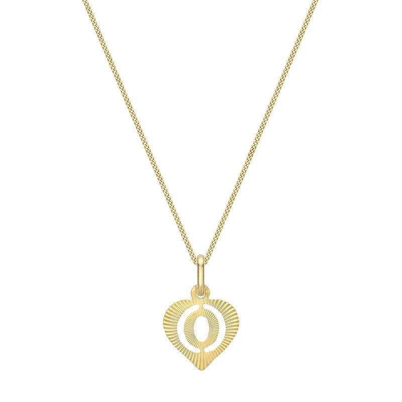 9ct Yellow Gold Diamond Cut Heart Initial O Pendant