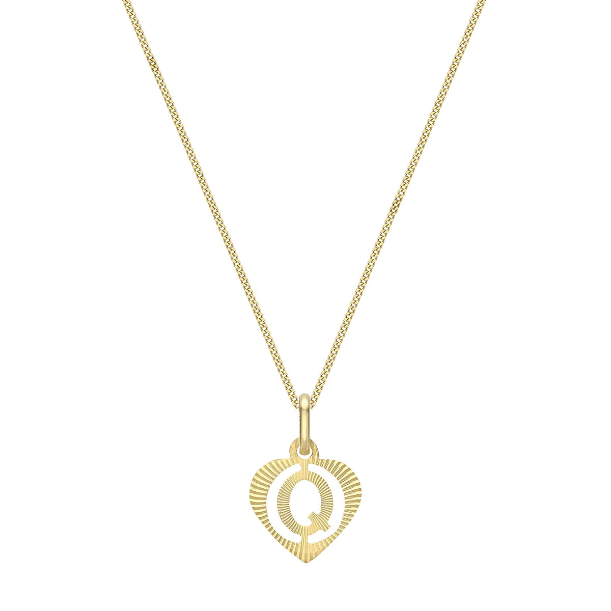 9ct Yellow Gold Diamond Cut Heart Initial Q Pendant
