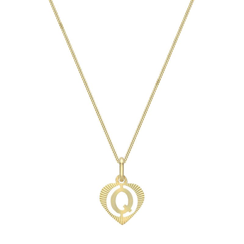9ct Yellow Gold Diamond Cut Heart Initial Q Pendant