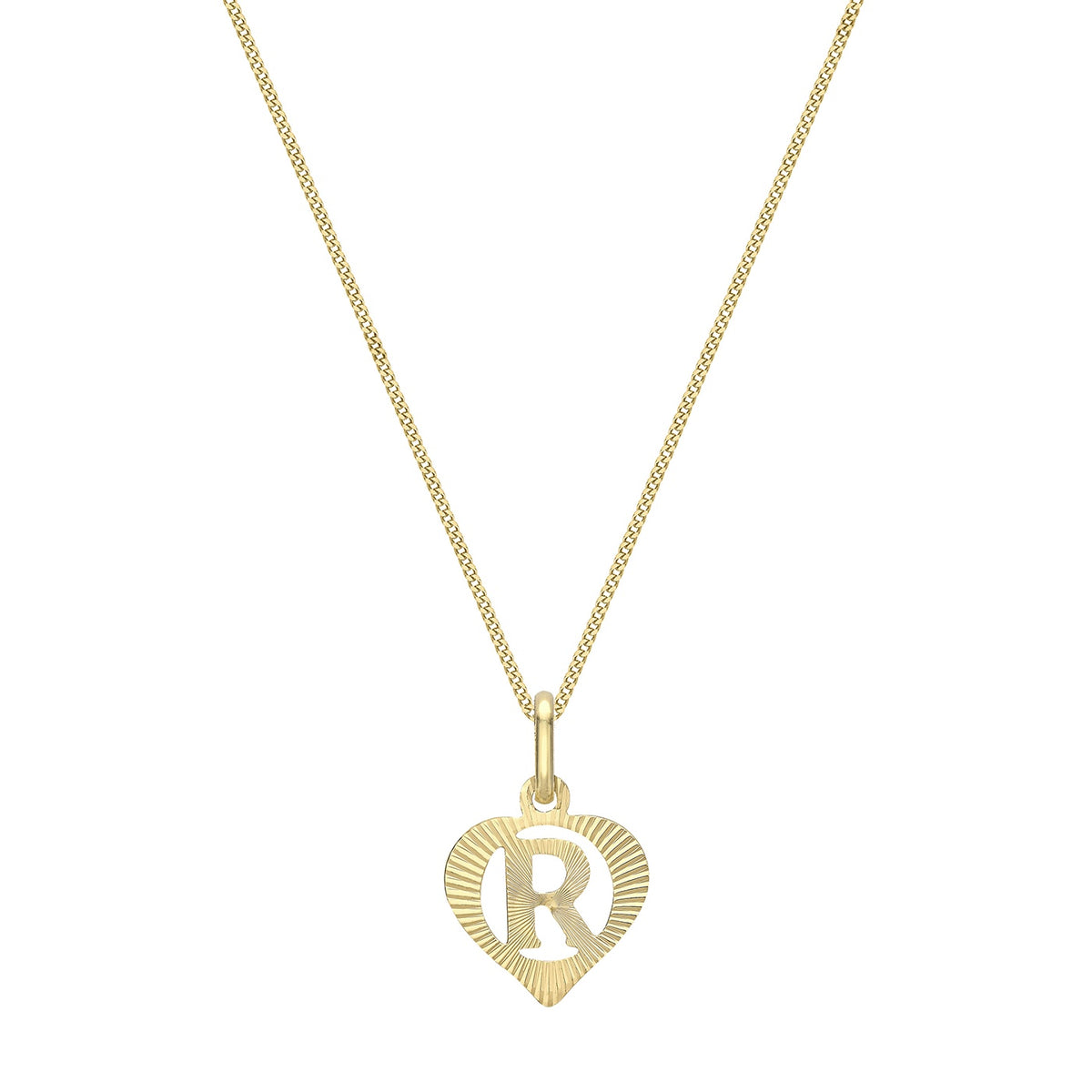 9ct Yellow Gold Diamond Cut Heart Initial R Pendant