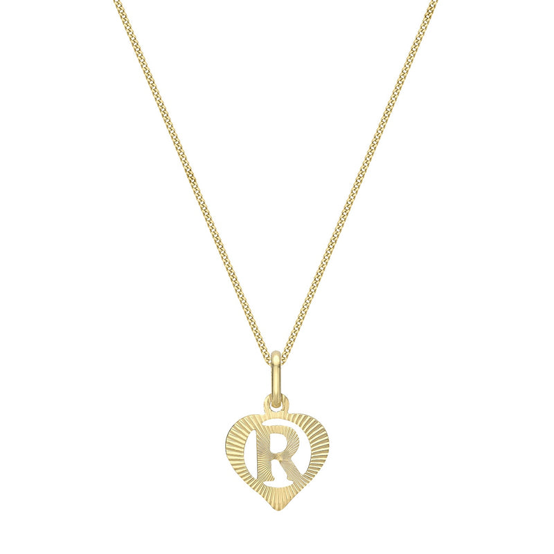 9ct Yellow Gold Diamond Cut Heart Initial R Pendant