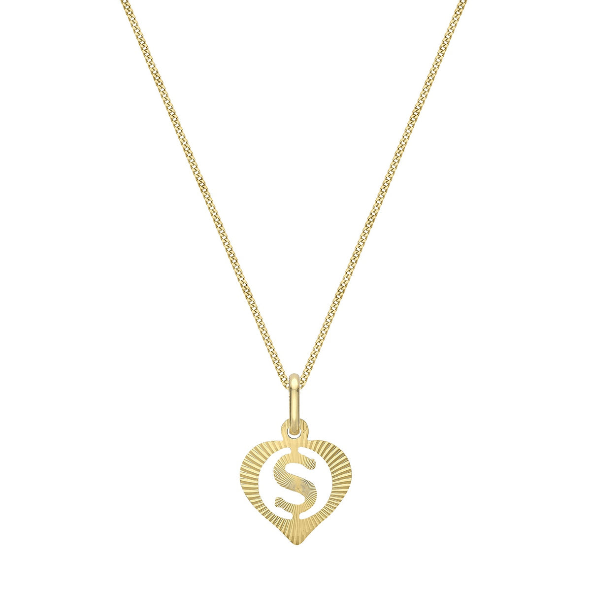 9ct Yellow Gold Diamond Cut Heart Initial S Pendant