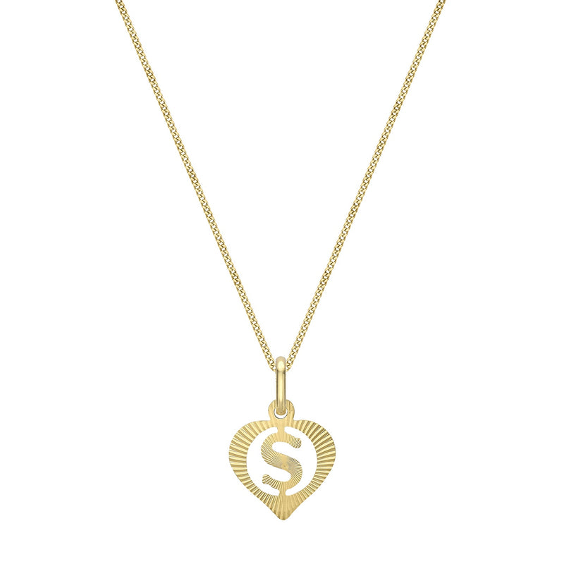 9ct Yellow Gold Diamond Cut Heart Initial S Pendant