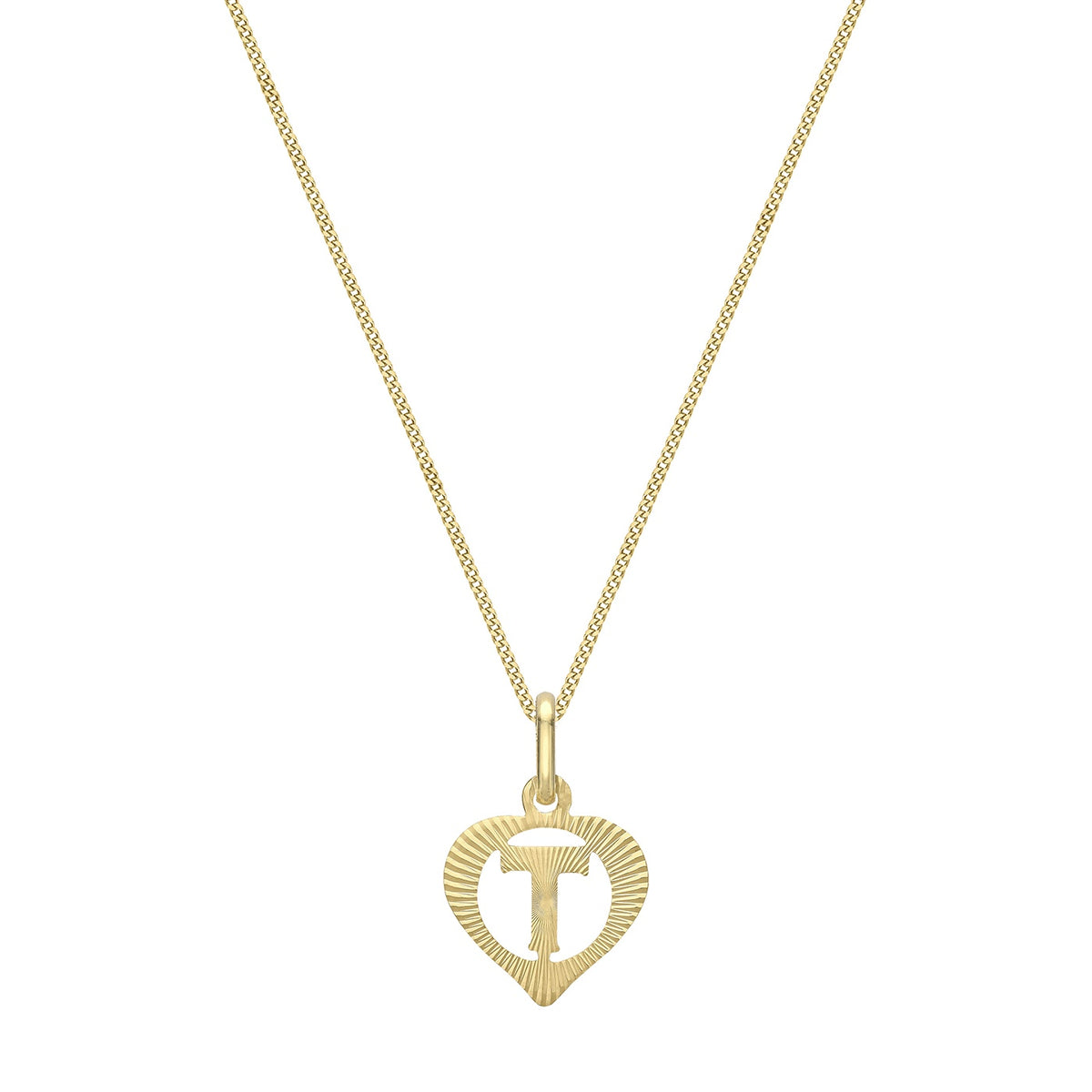 9ct Yellow Gold Diamond Cut Heart Initial T Pendant
