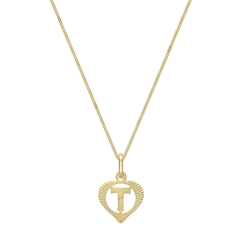 9ct Yellow Gold Diamond Cut Heart Initial T Pendant