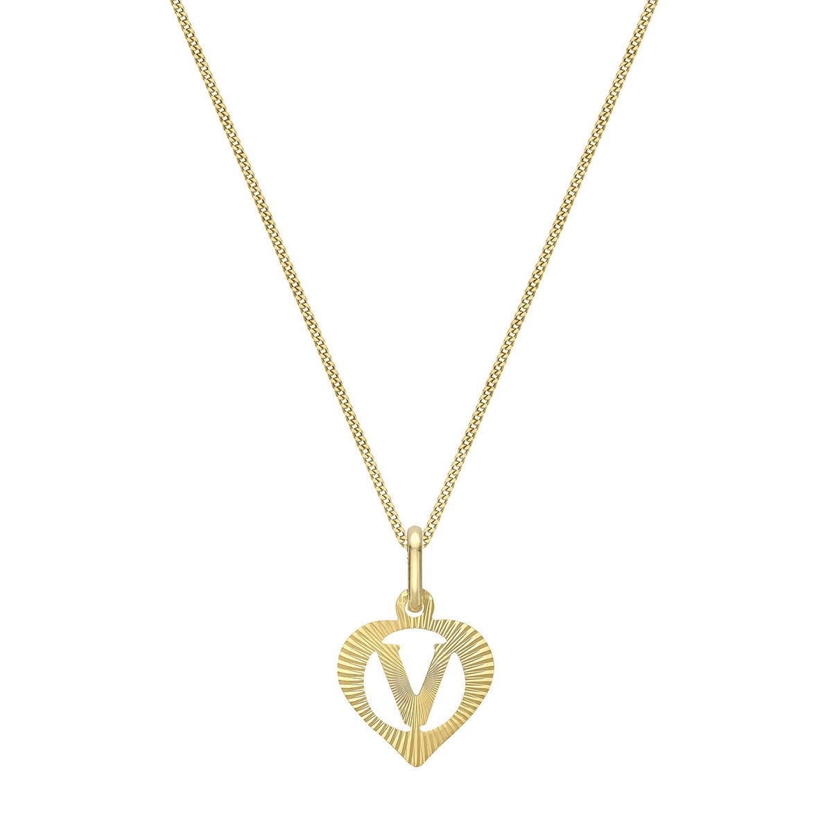 9ct Yellow Gold Diamond Cut Heart Initial V Pendant