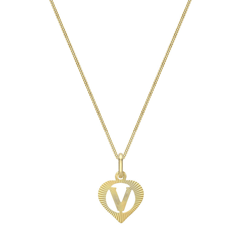 9ct Yellow Gold Diamond Cut Heart Initial V Pendant